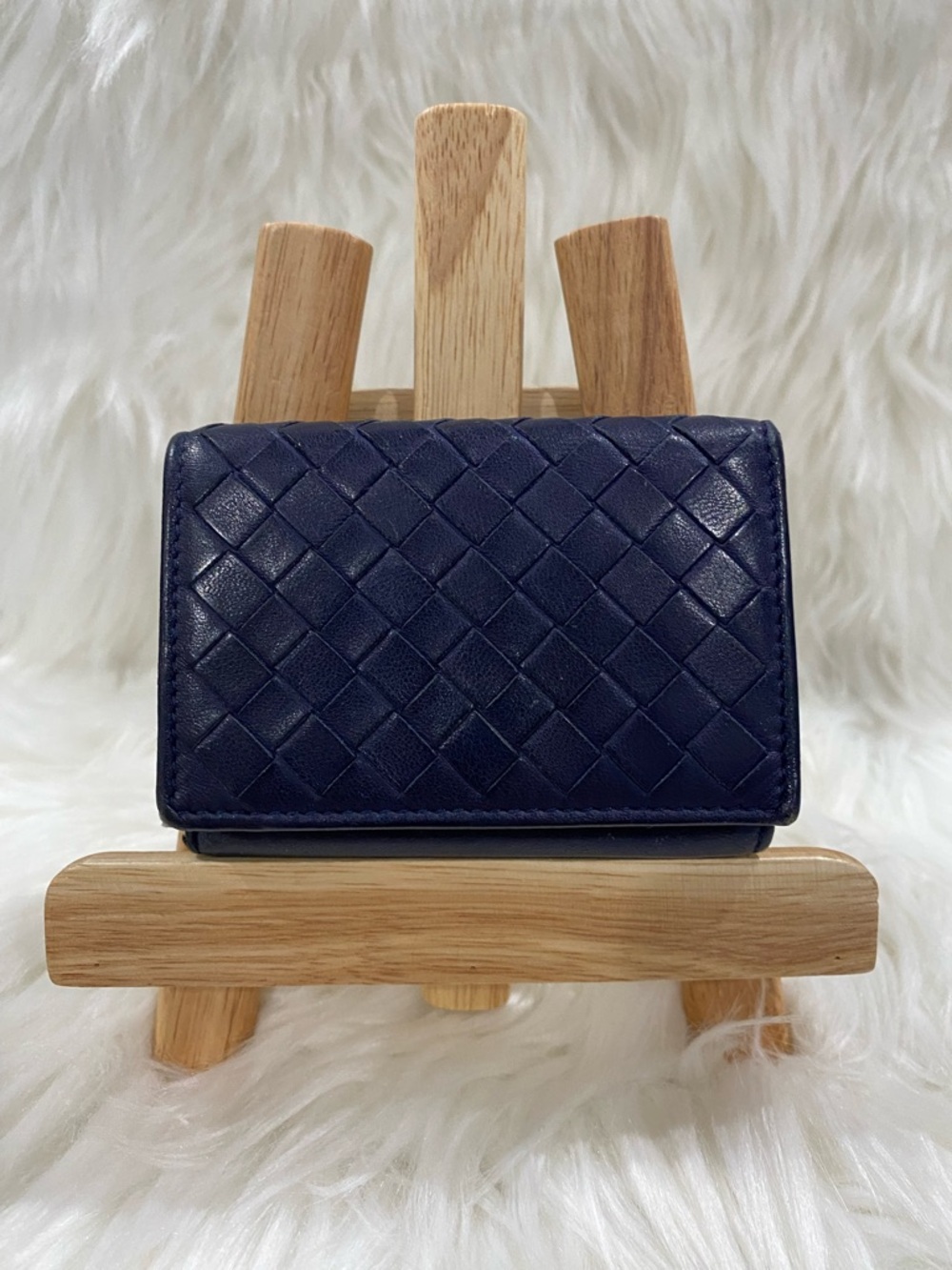 Bottega veneta Unisex Woven Leather Wallet in Deep Blue and teal interior w/ COA